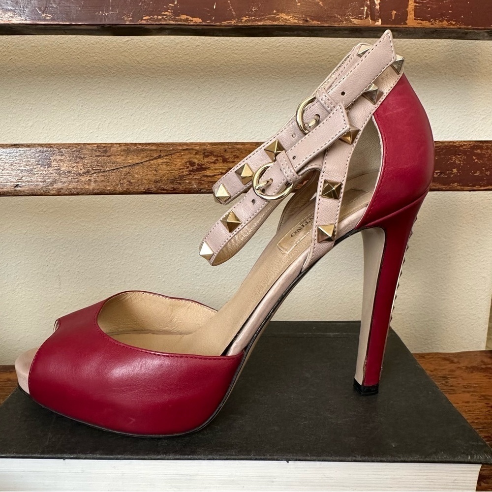 Valentino Rockstud Open Toe Pumps Heels Stiletto Ankle Straps Red Leather - Picture 2 of 16